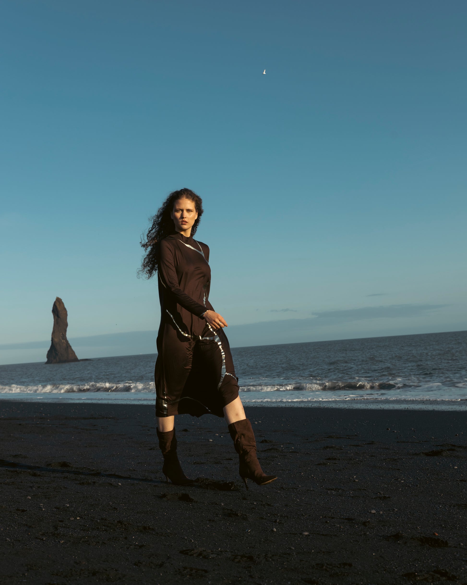 Mock Neck Hikari Brown Champagne Foil Kintsugi Dress