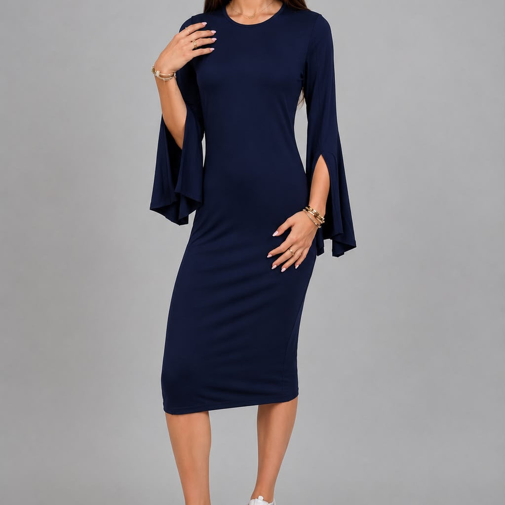 Slit Bell Sleeve Dress -Navy - Final Sale