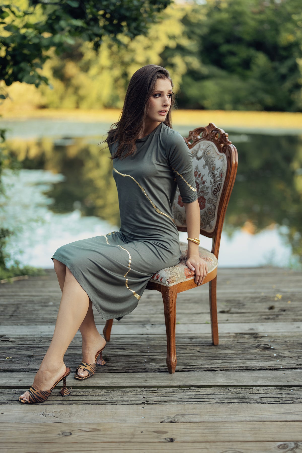 Hikari Olive And Gold Foil Kintsugi Dress *Limited Edition*
