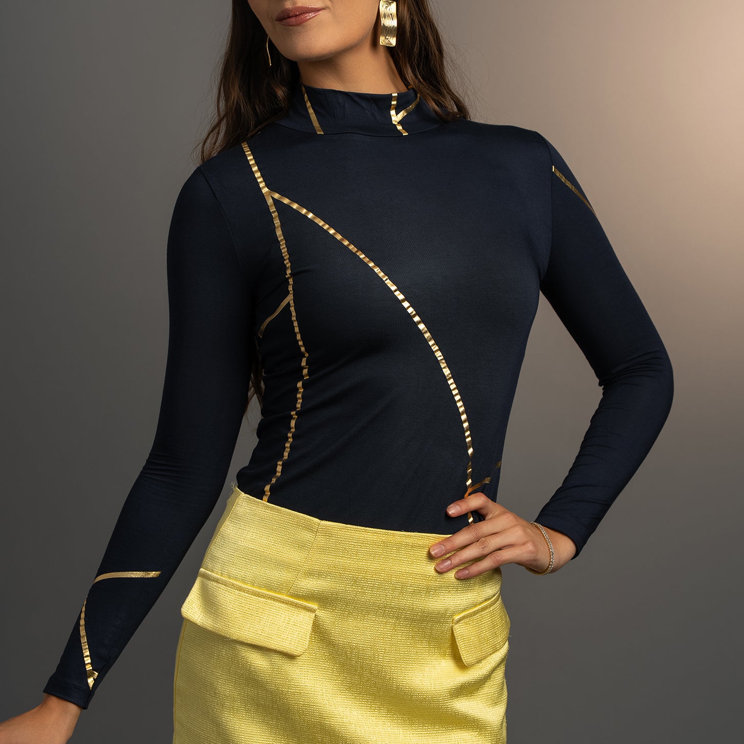 Navy Geometric Mock Neck