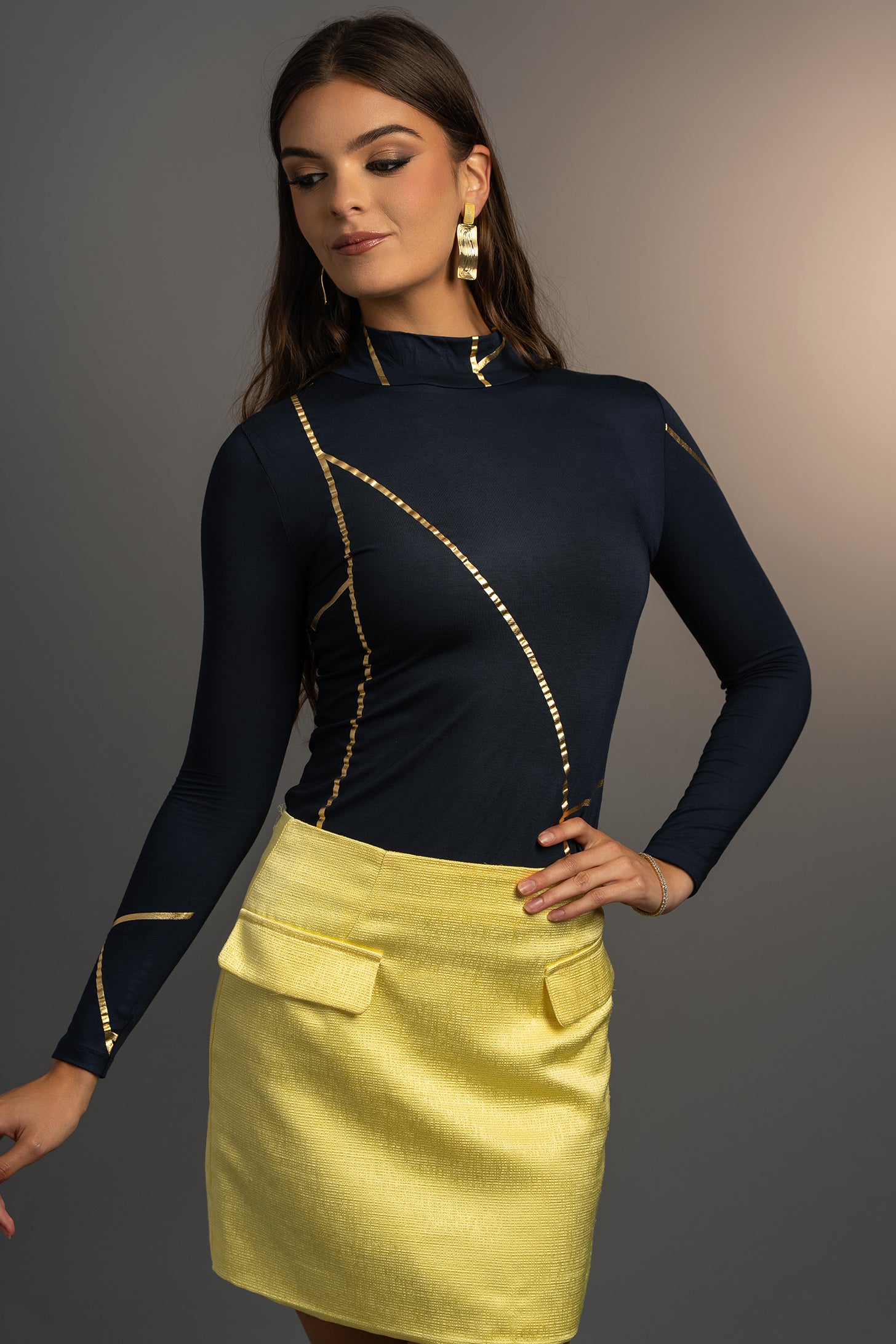 Navy Geometric Mock Neck