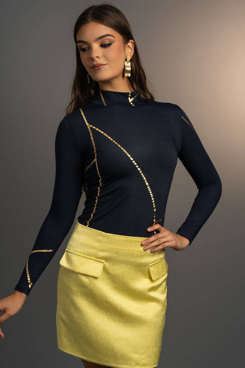 Navy Geometric Mock Neck