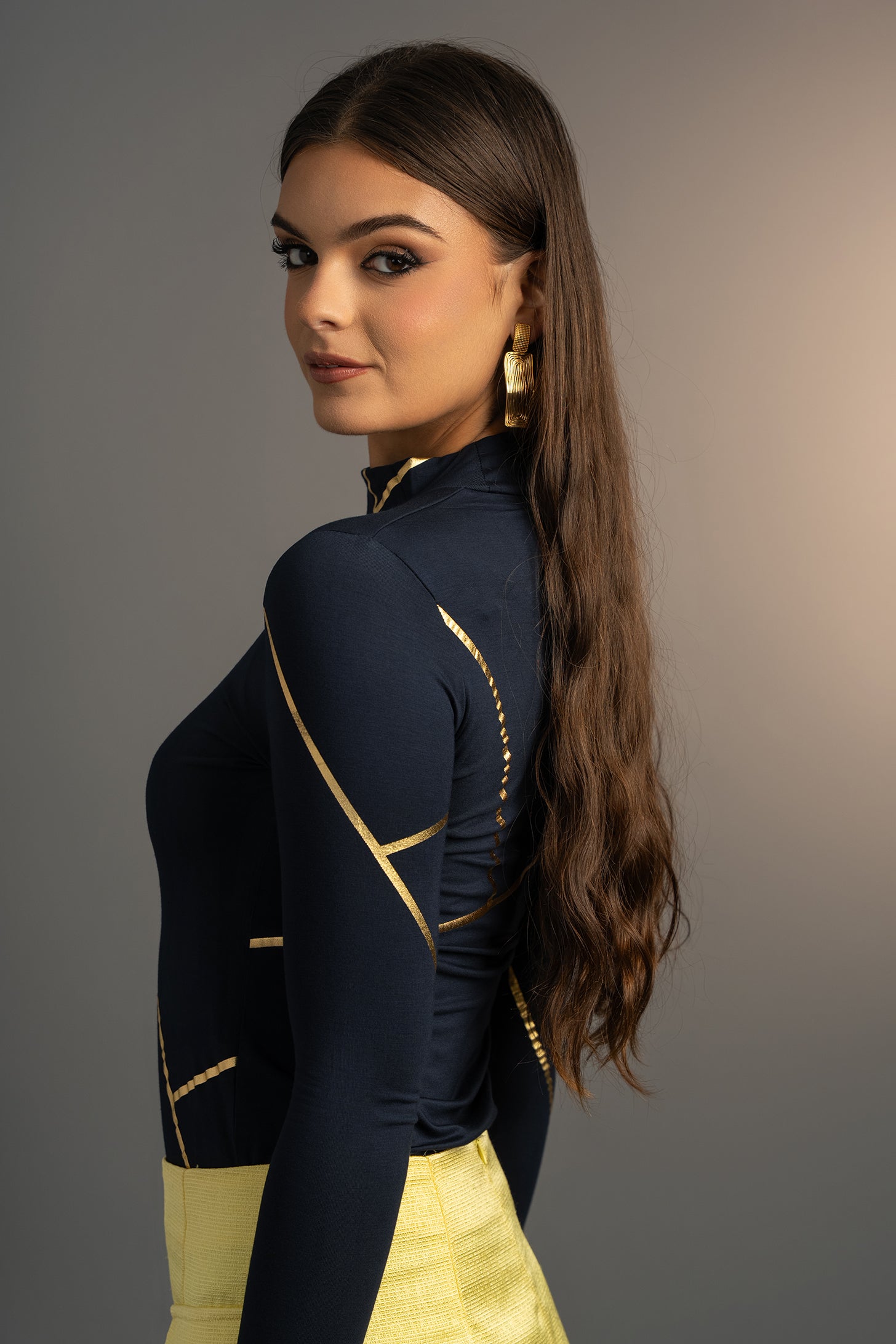 Navy Geometric Mock Neck