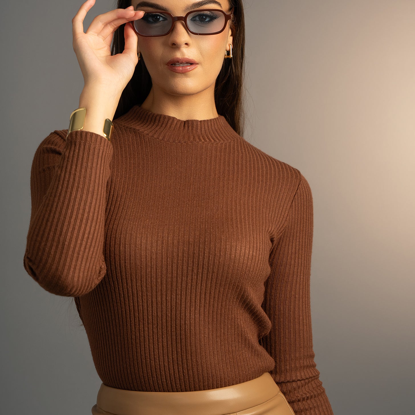 Chestnut Long sleeve Knit Mock Neck (Pre Order)