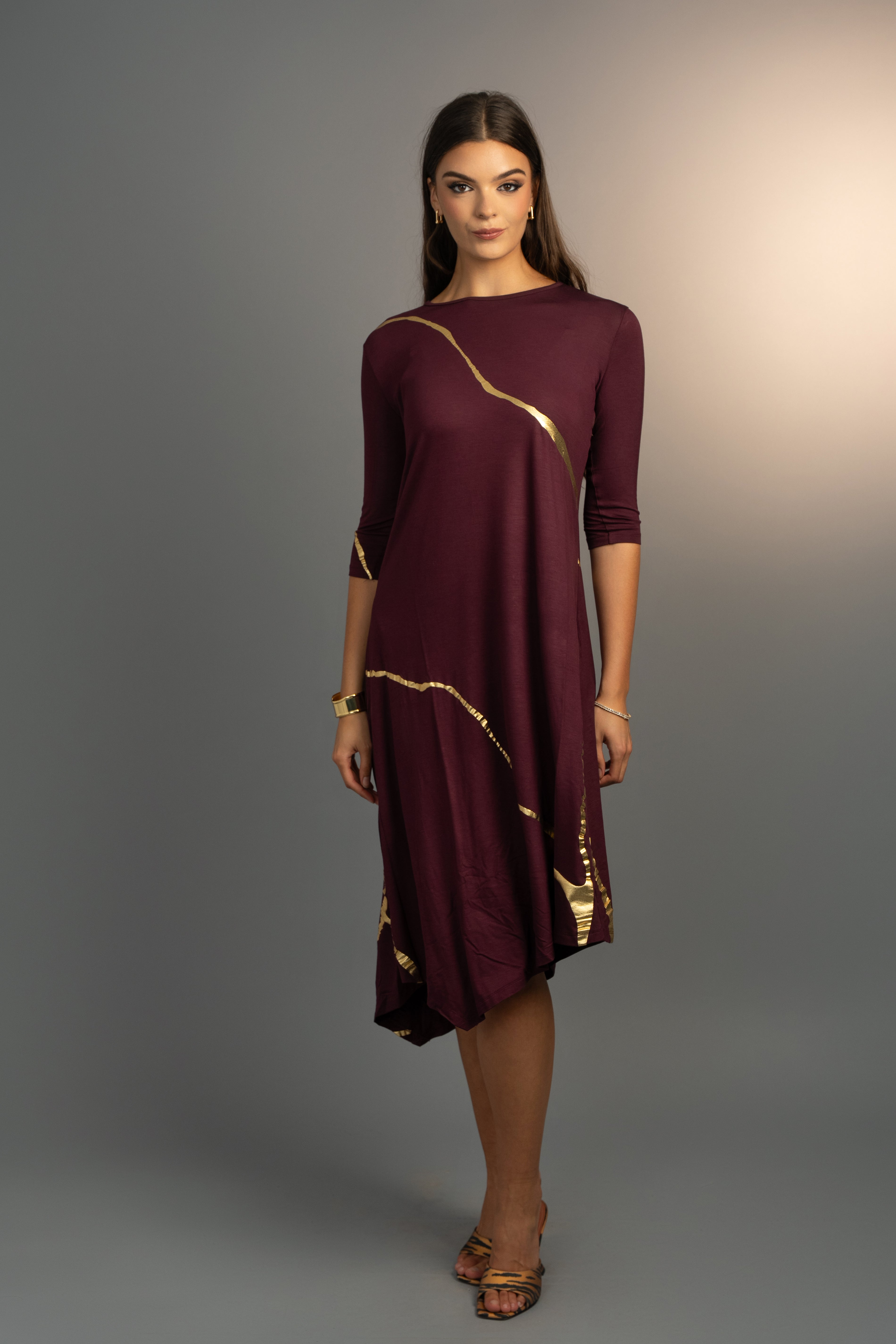 Hikari Burgundy And Gold Foil Kintsugi Dress