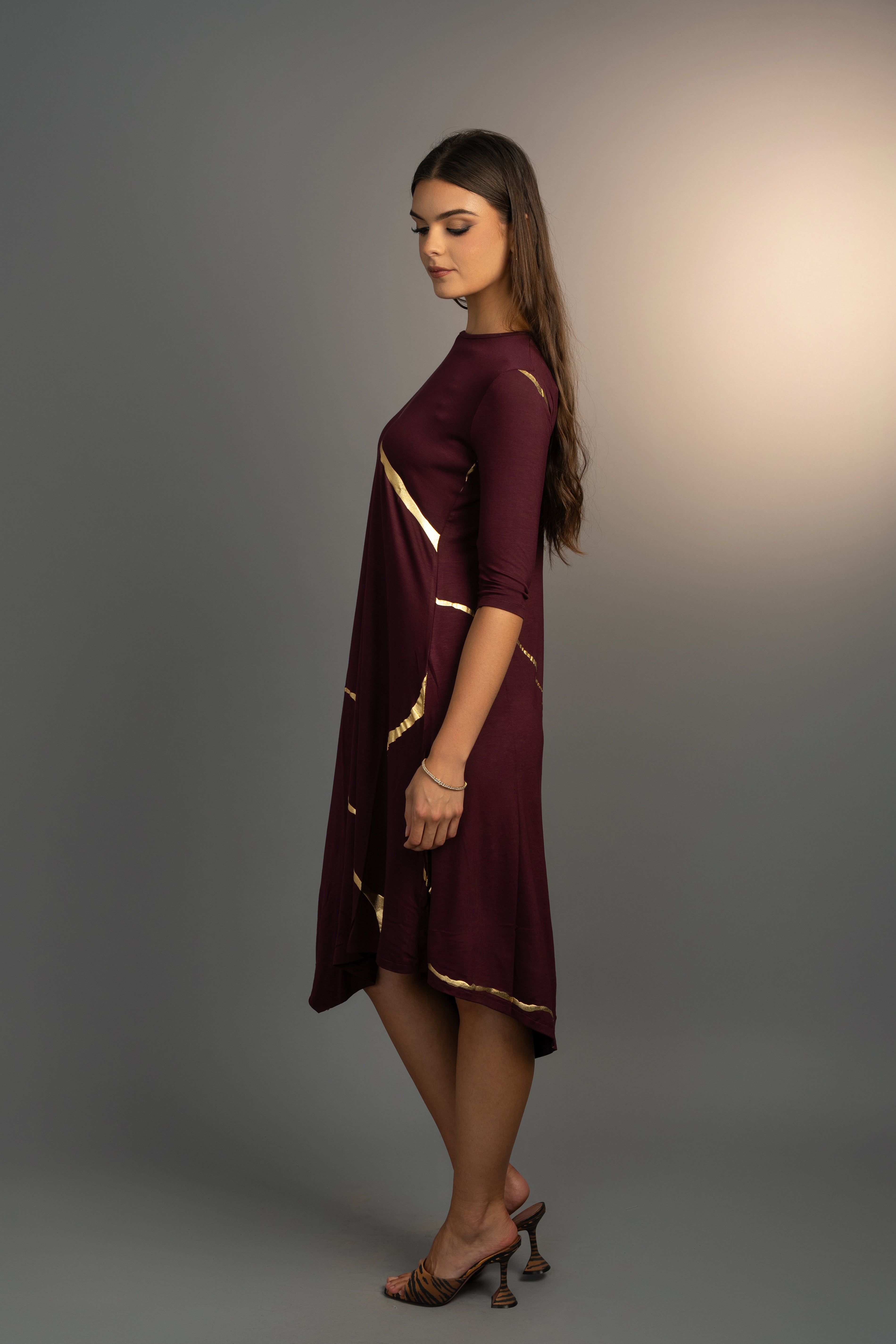 Hikari Burgundy And Gold Foil Kintsugi Dress