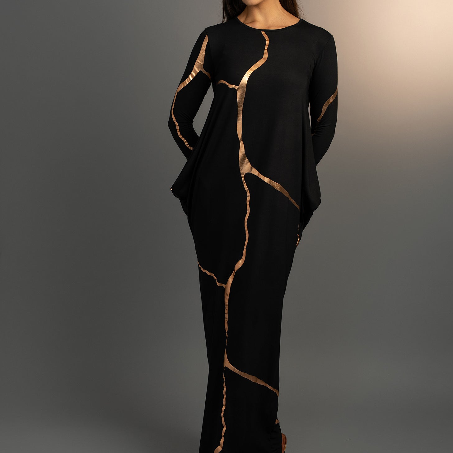 Black and Rose gold Kintsugi 3 way Maxi Dress