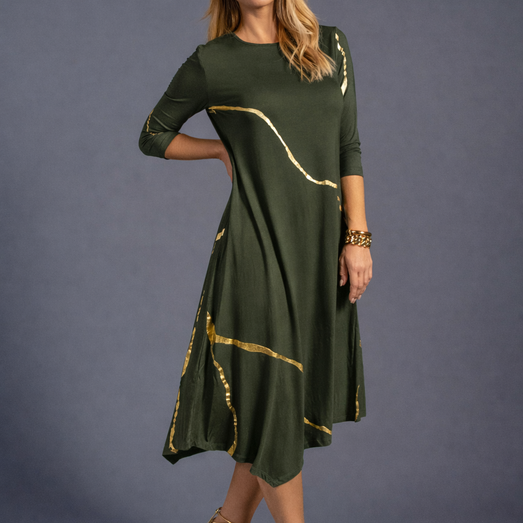 Hikari Deep Olive And Gold Foil Kintsugi Dress *Limited Edition*