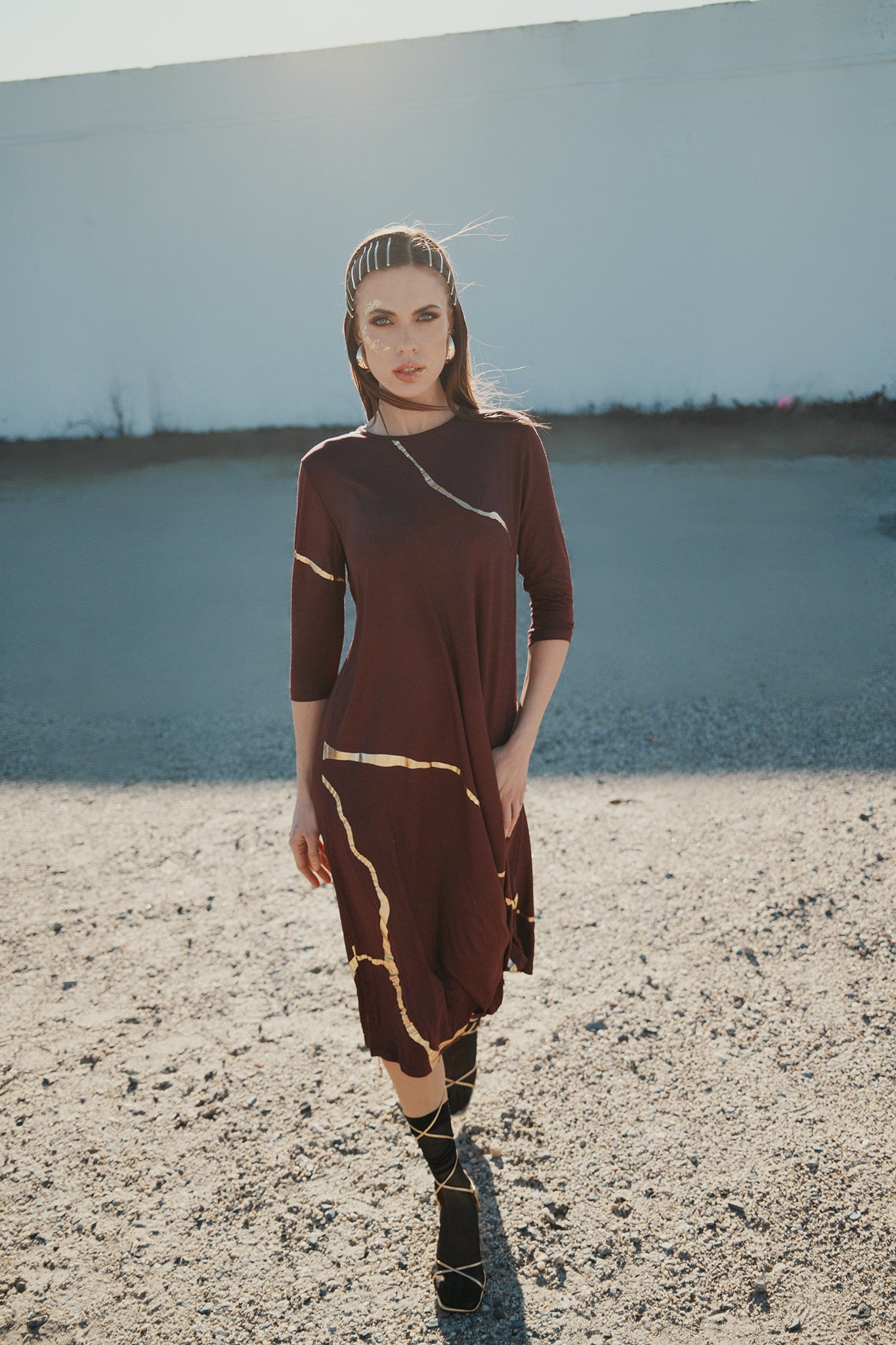 Hikari Burgundy And Gold Foil Kintsugi Dress
