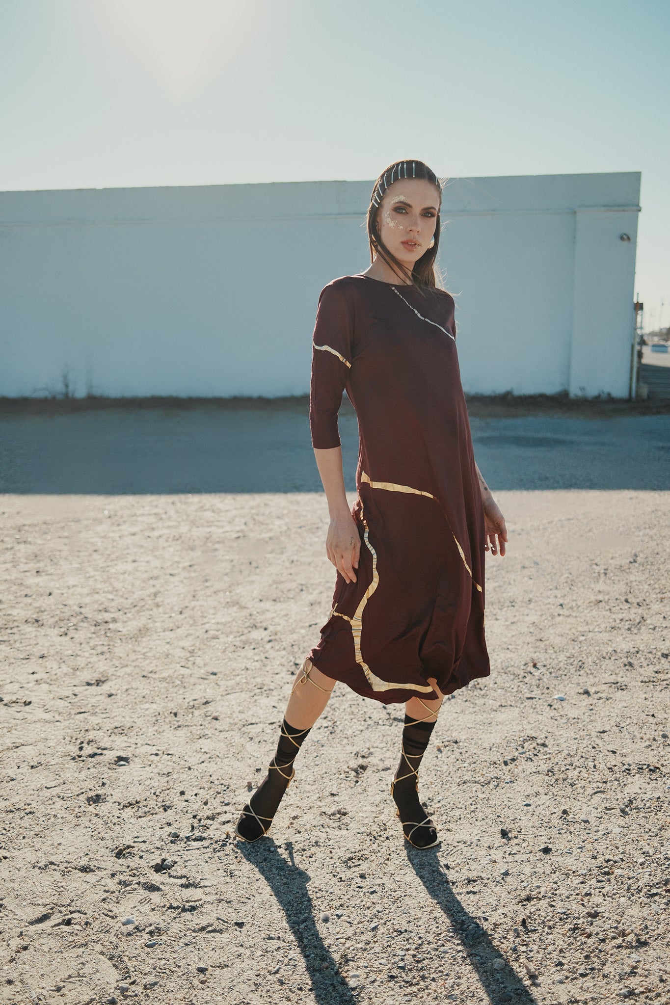 Hikari Burgundy And Gold Foil Kintsugi Dress