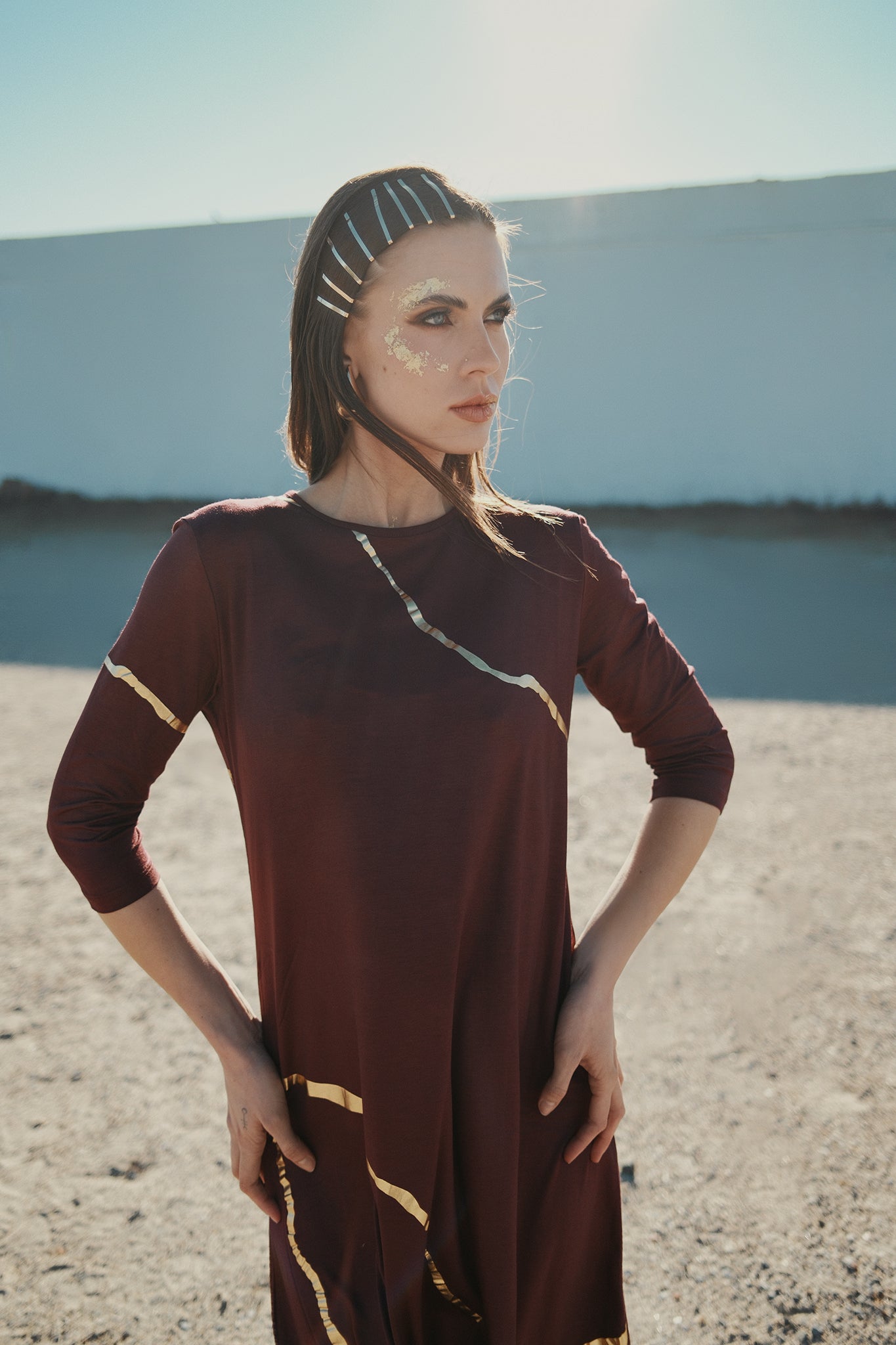 Hikari Burgundy And Gold Foil Kintsugi Dress