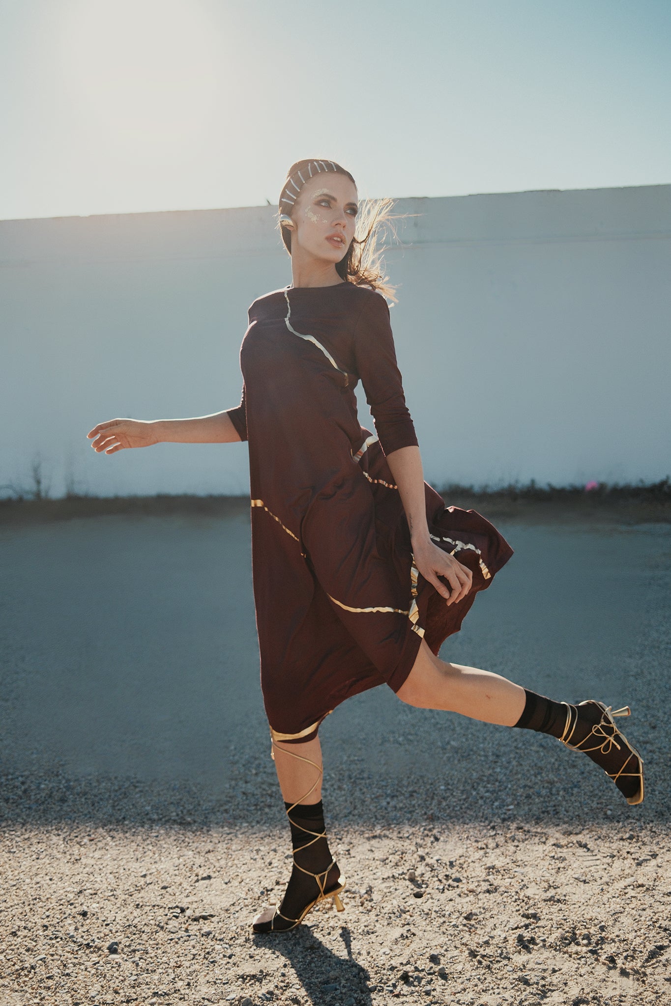 Hikari Burgundy And Gold Foil Kintsugi Dress