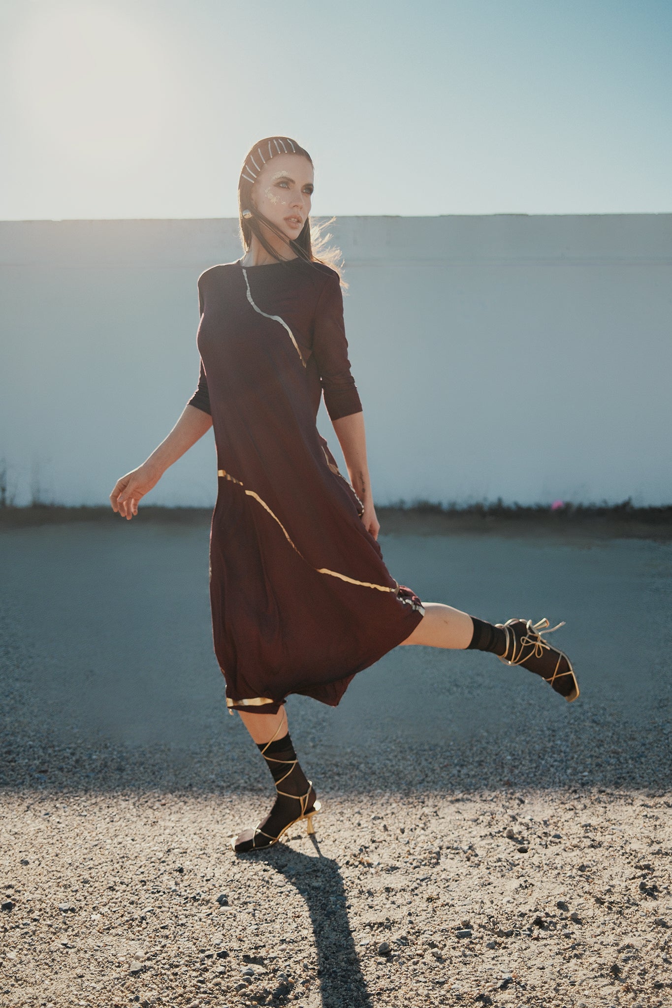 Hikari Burgundy And Gold Foil Kintsugi Dress