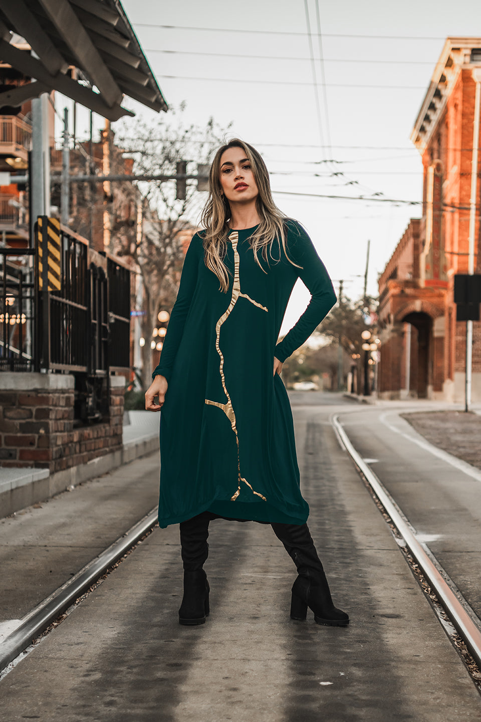 Nobu Dress (Viscose) Pine Green with Gold Foil