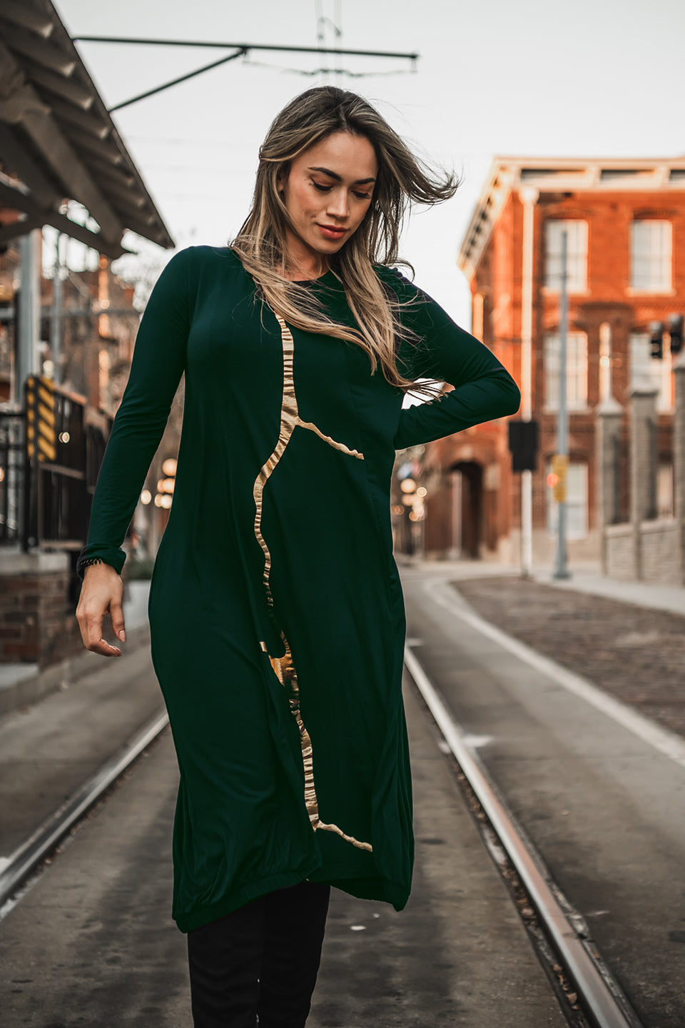 Nobu Dress (Viscose) Pine Green with Gold Foil