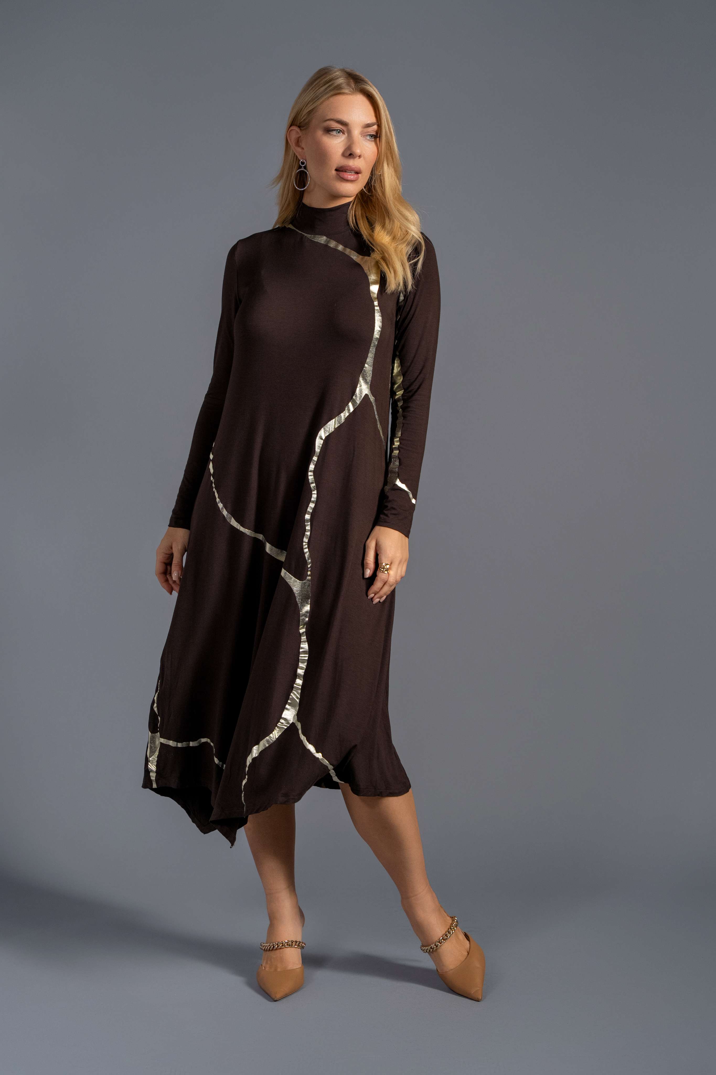 Mock Neck Hikari Brown Champagne Foil Kintsugi Dress- Final Sale