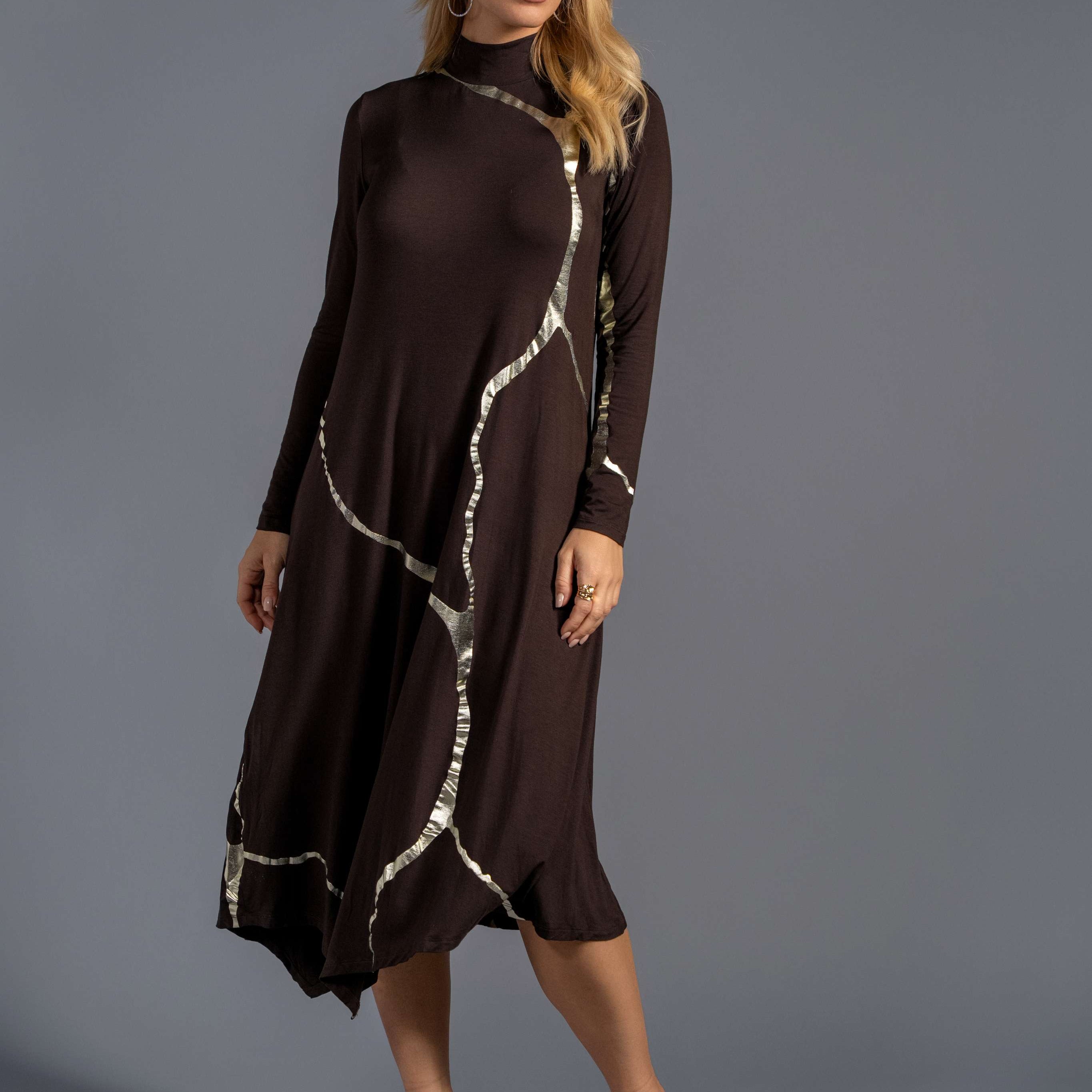 Mock Neck Hikari Brown Champagne Foil Kintsugi Dress