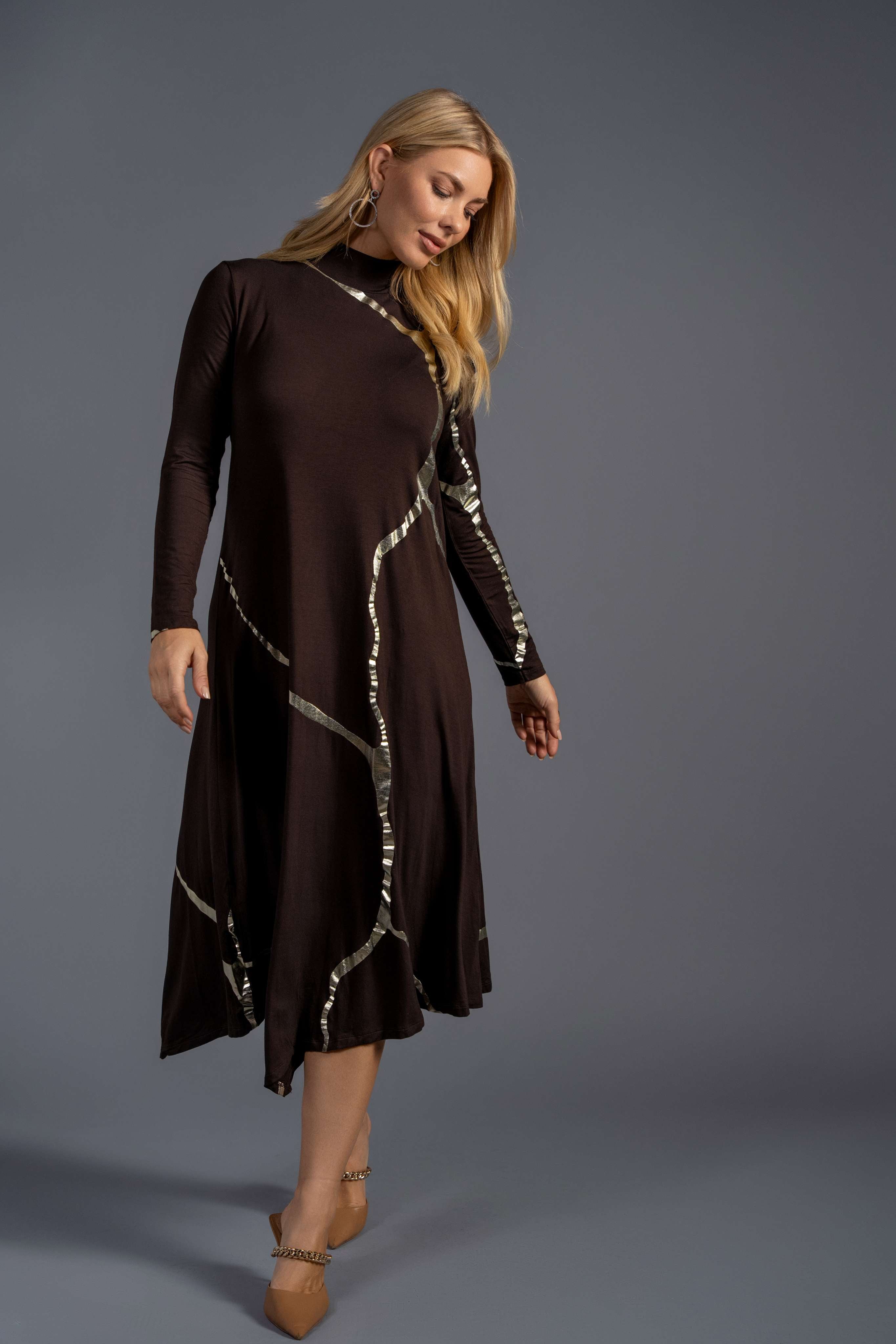 Mock Neck Hikari Brown Champagne Foil Kintsugi Dress