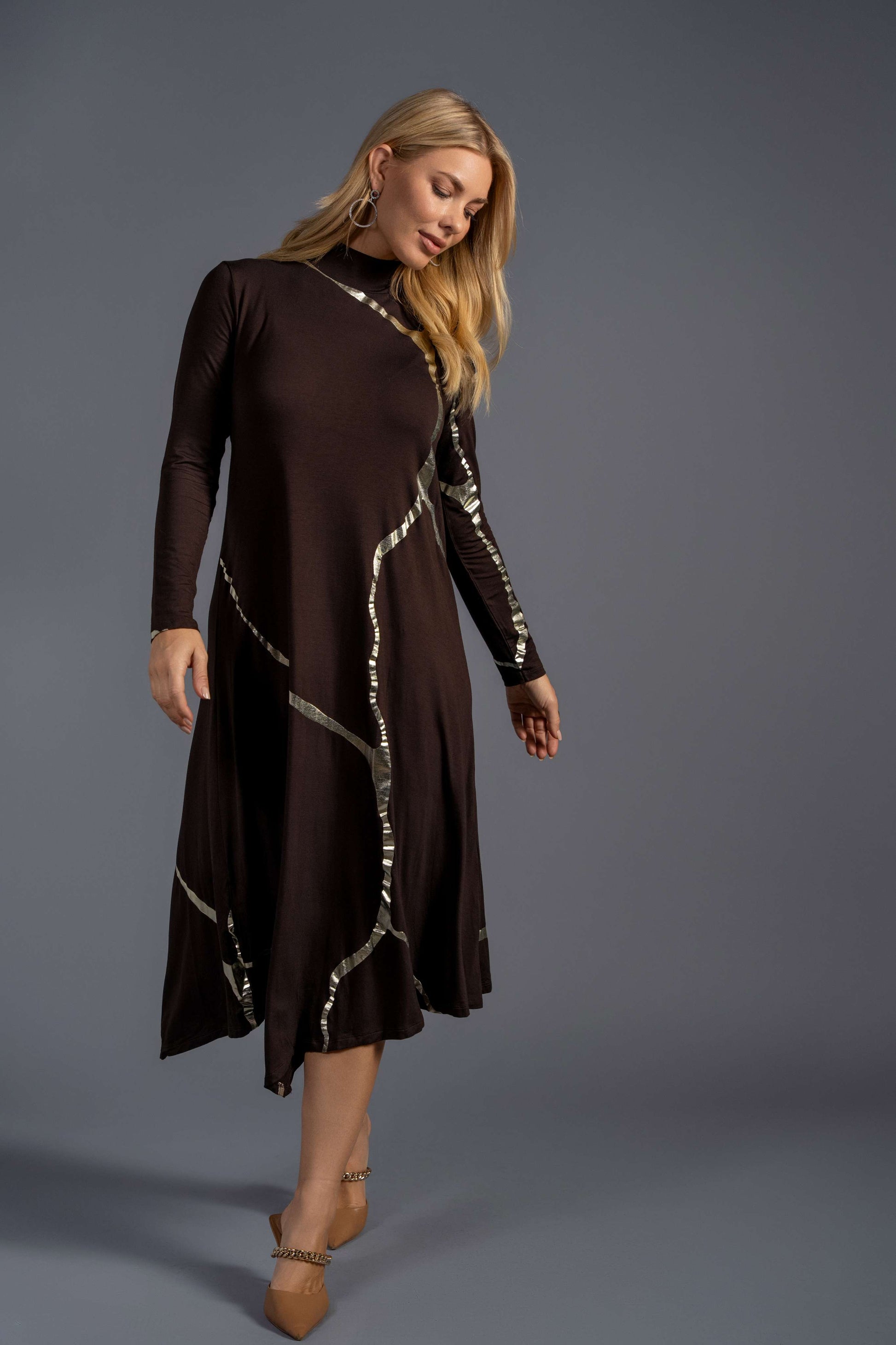 Mock Neck Hikari Brown Champagne Foil Kintsugi Dress