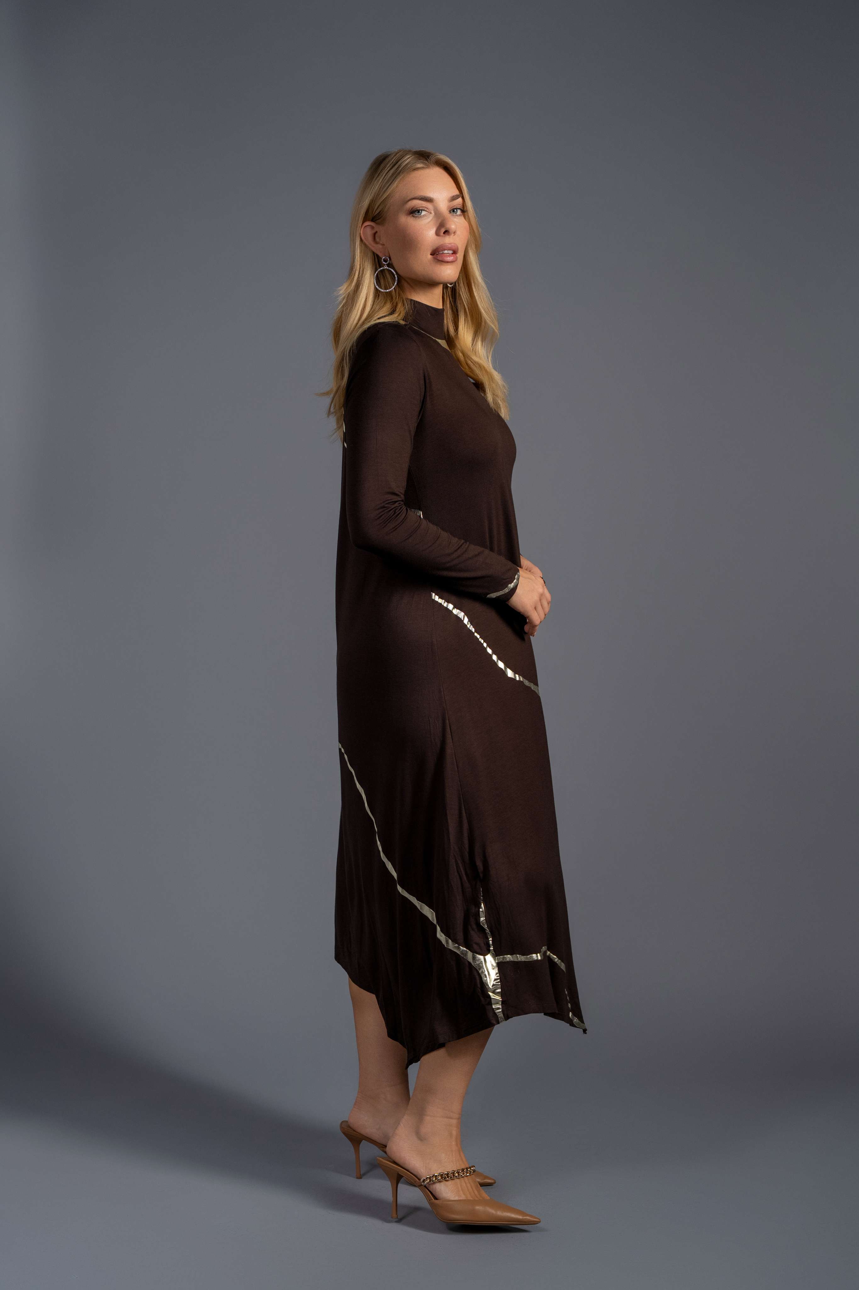 Mock Neck Hikari Brown Champagne Foil Kintsugi Dress- Final Sale