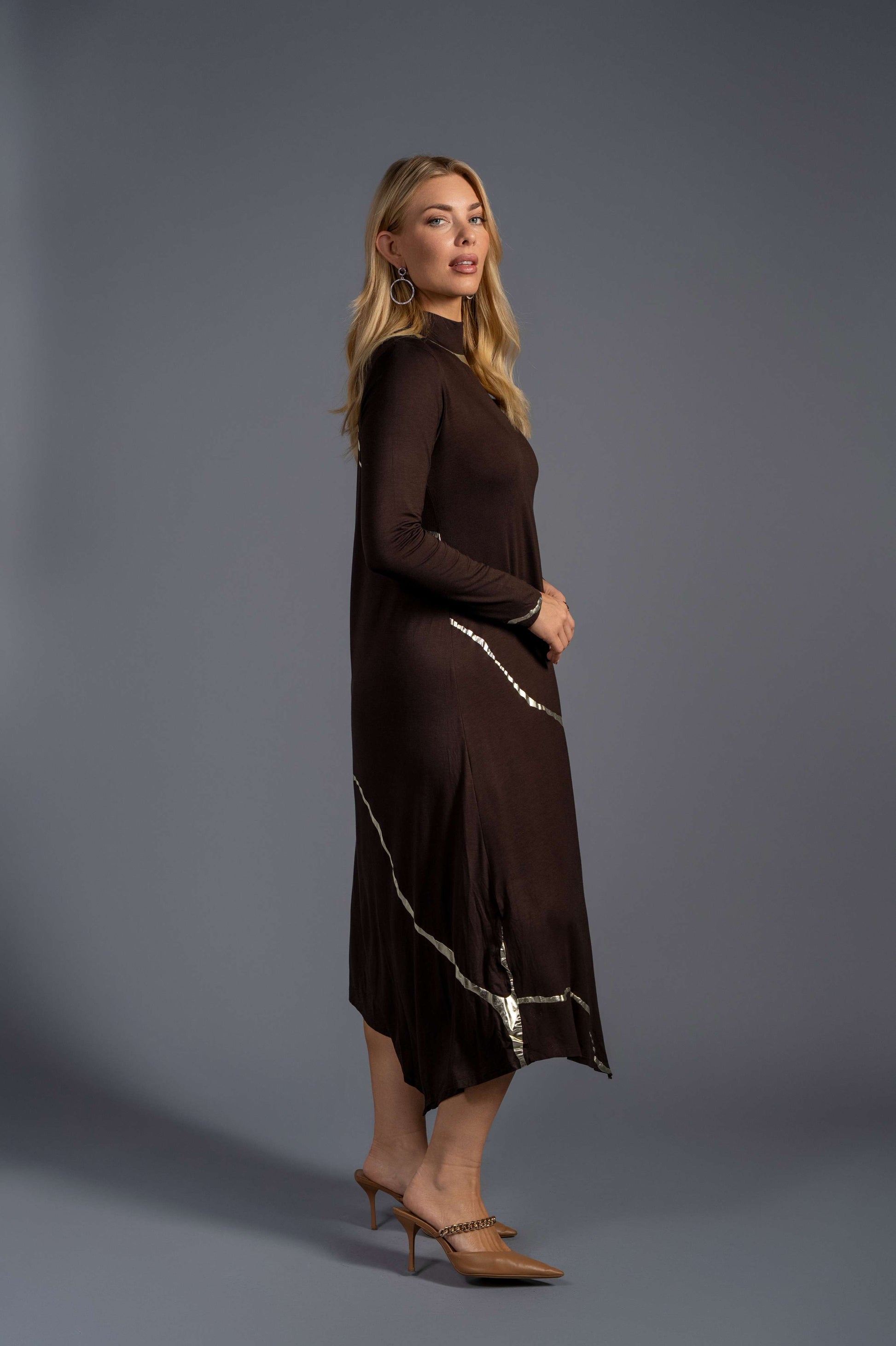 Mock Neck Hikari Brown Champagne Foil Kintsugi Dress