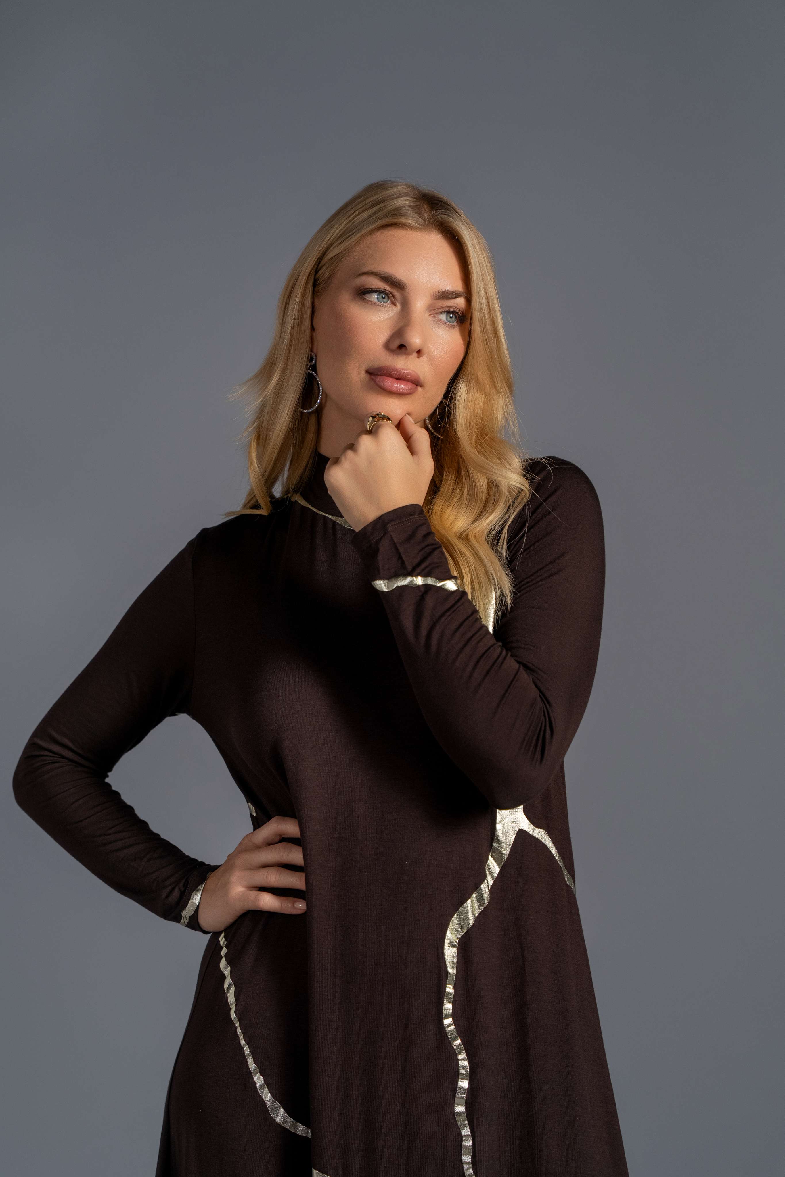 Mock Neck Hikari Brown Champagne Foil Kintsugi Dress- Final Sale