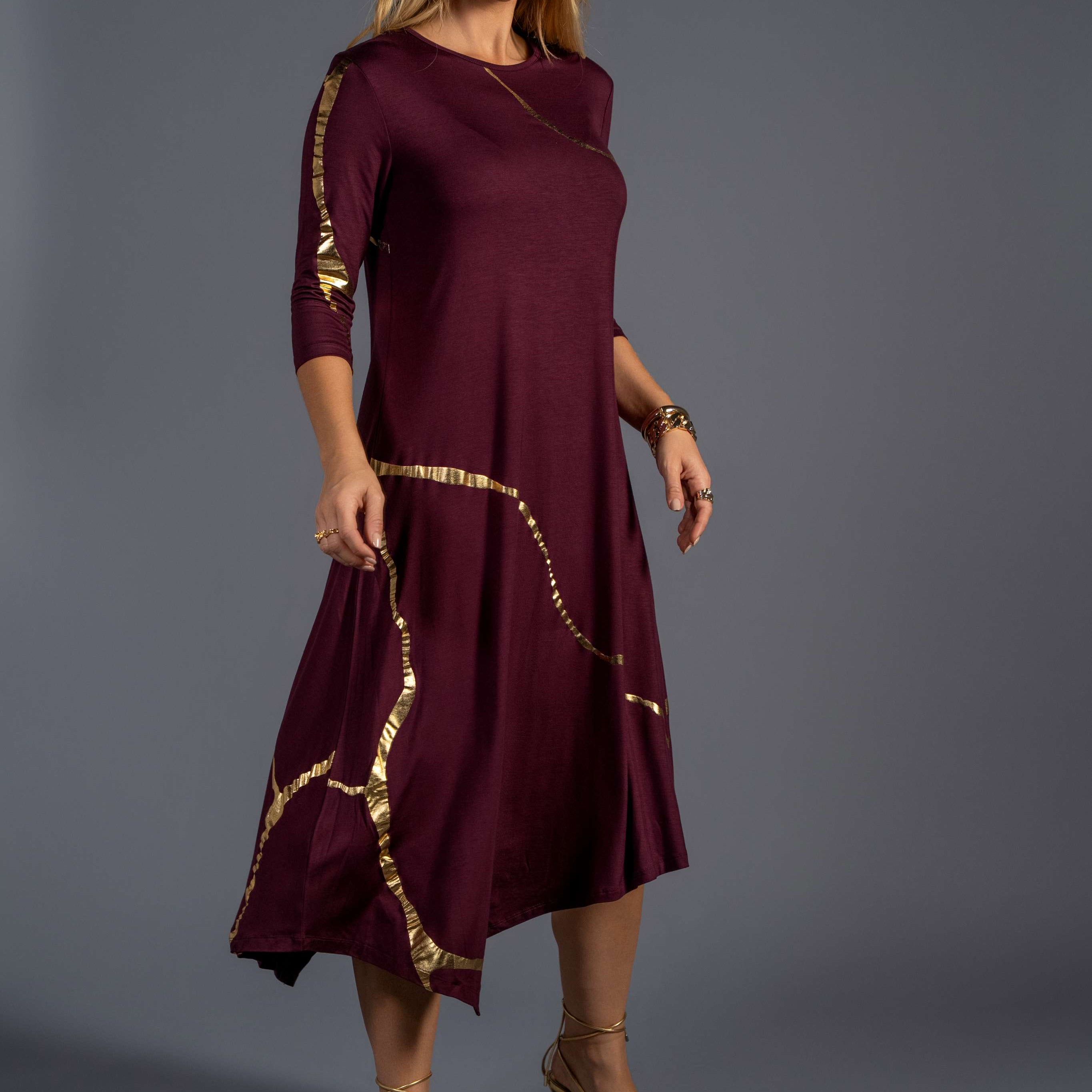 Hikari Burgundy And Gold Foil Kintsugi Dress