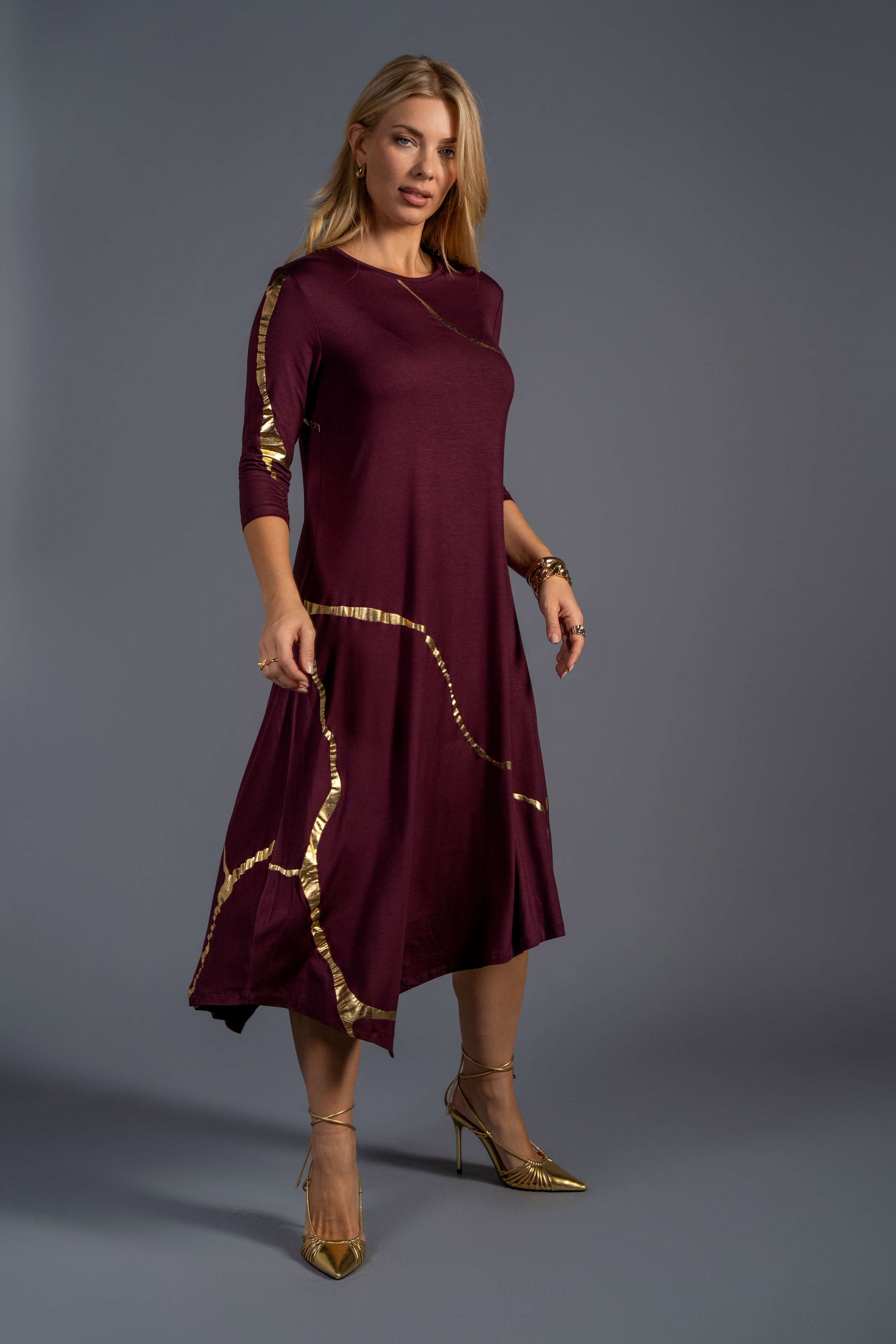 Hikari Burgundy And Gold Foil Kintsugi Dress