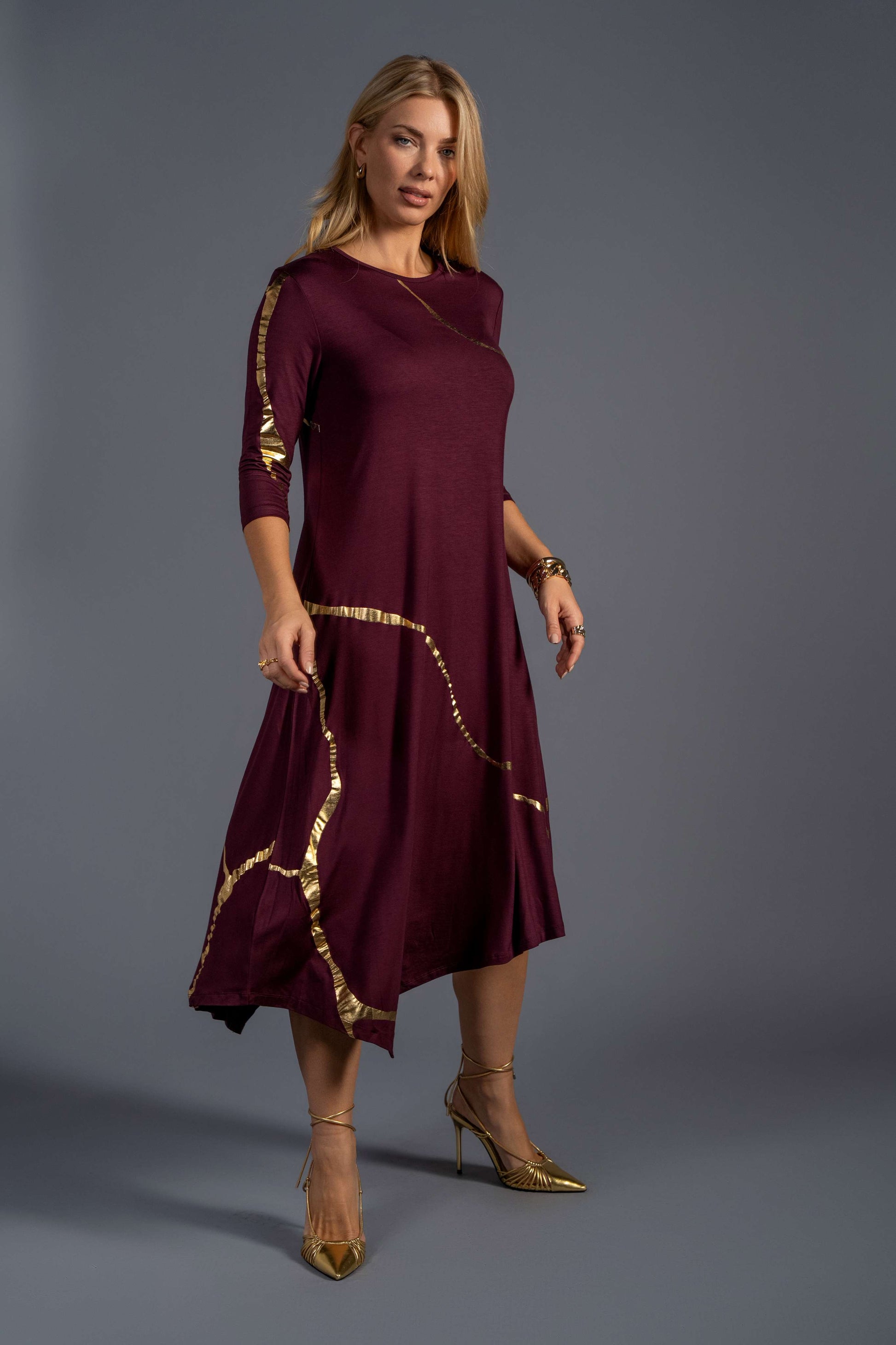Hikari Burgundy And Gold Foil Kintsugi Dress
