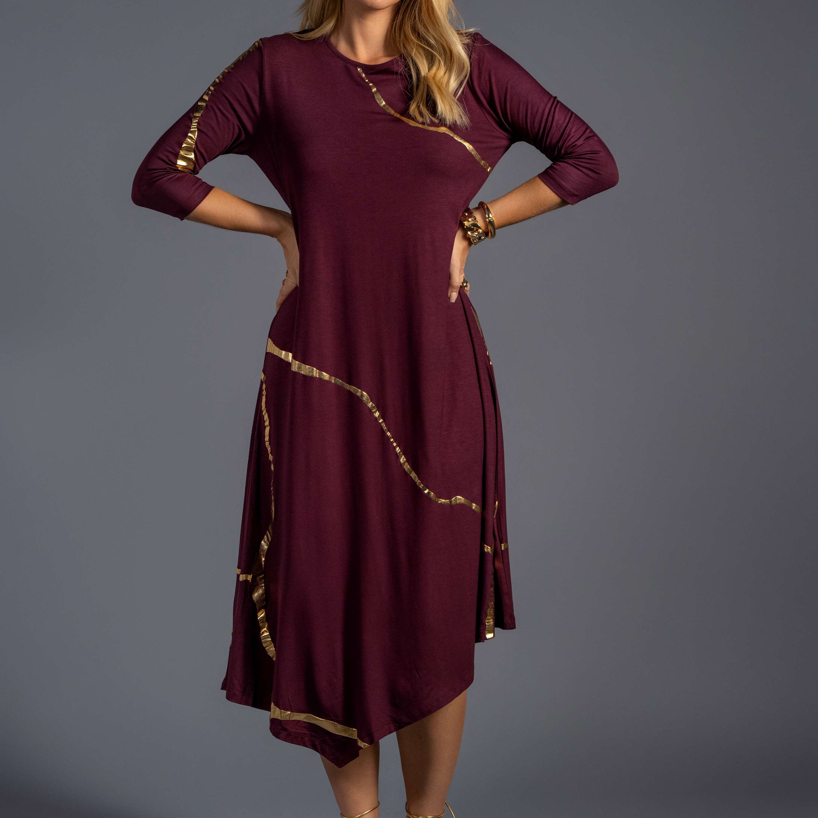 Hikari Burgundy And Gold Foil Kintsugi Dress