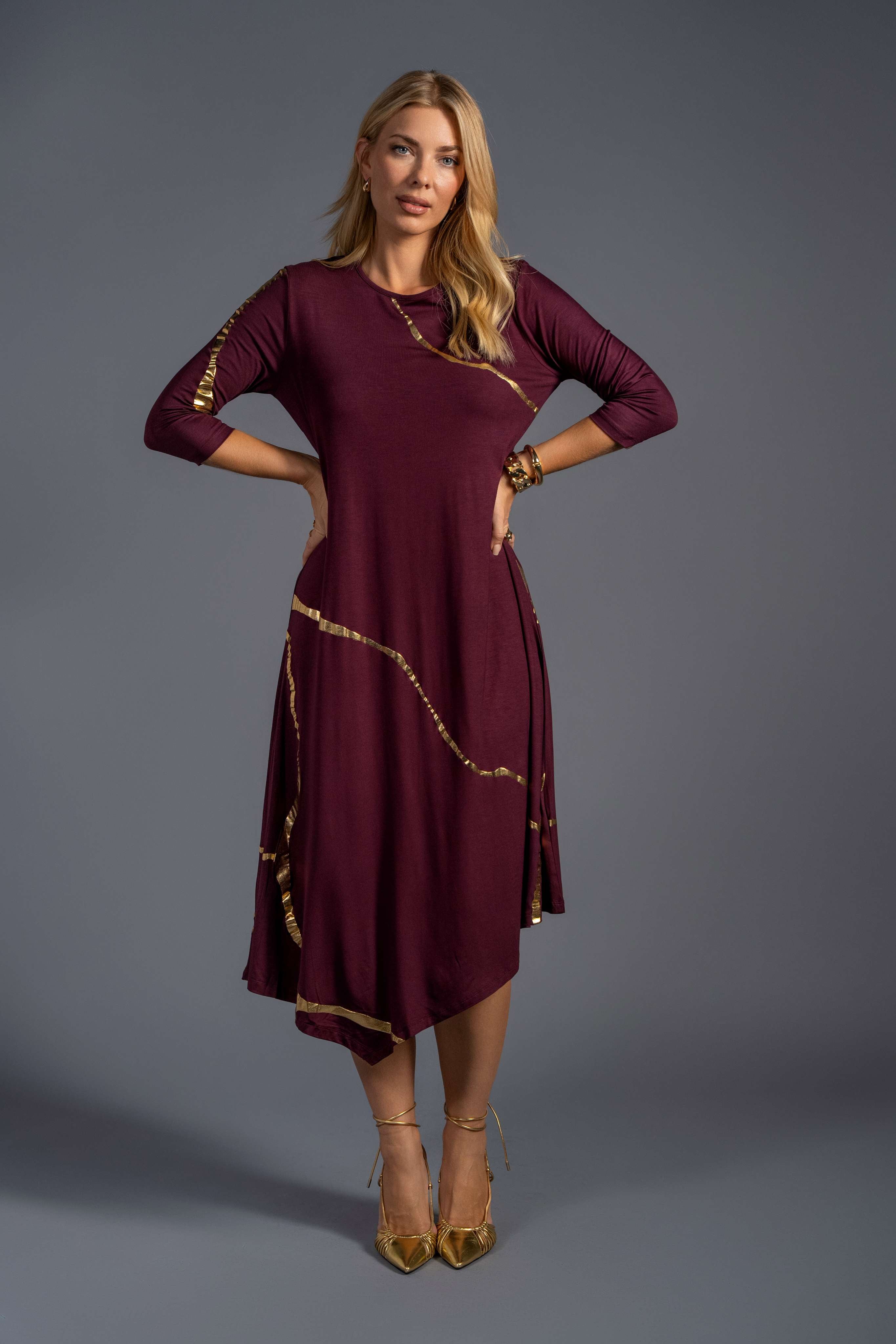 Hikari Burgundy And Gold Foil Kintsugi Dress
