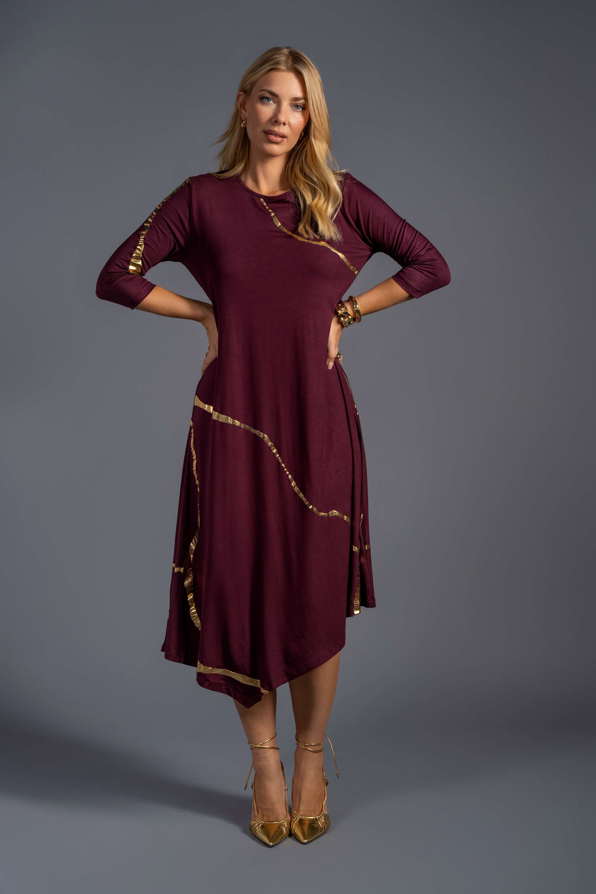Hikari Burgundy And Gold Foil Kintsugi Dress