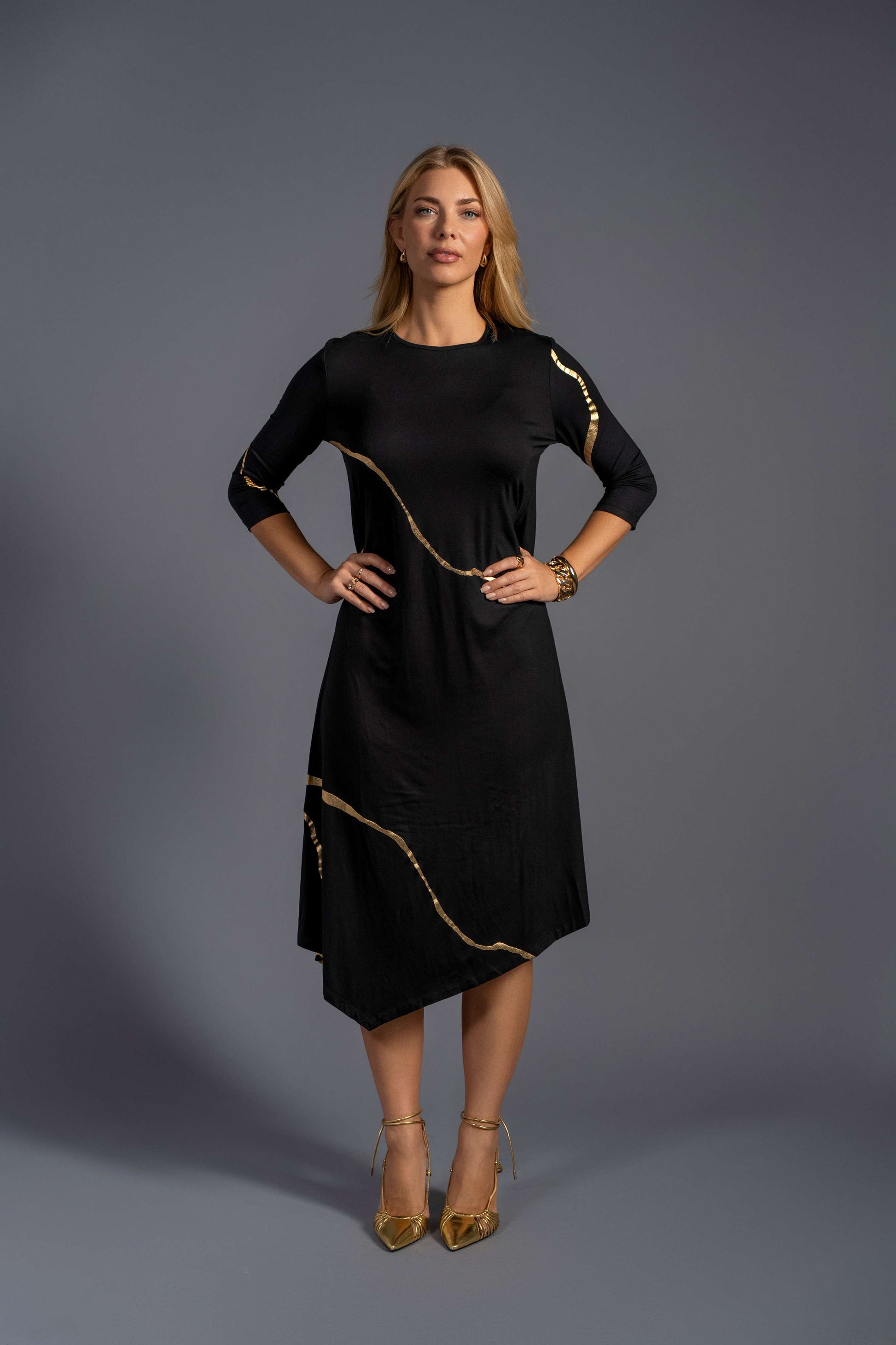 black gold foil dress Florisole Women's Elegant Flowy Gold Foil Brush Lantern Sleeve Dress Black And Gold Maxi Dress Long Black Dress With Gold Print Fall Cloth For Women