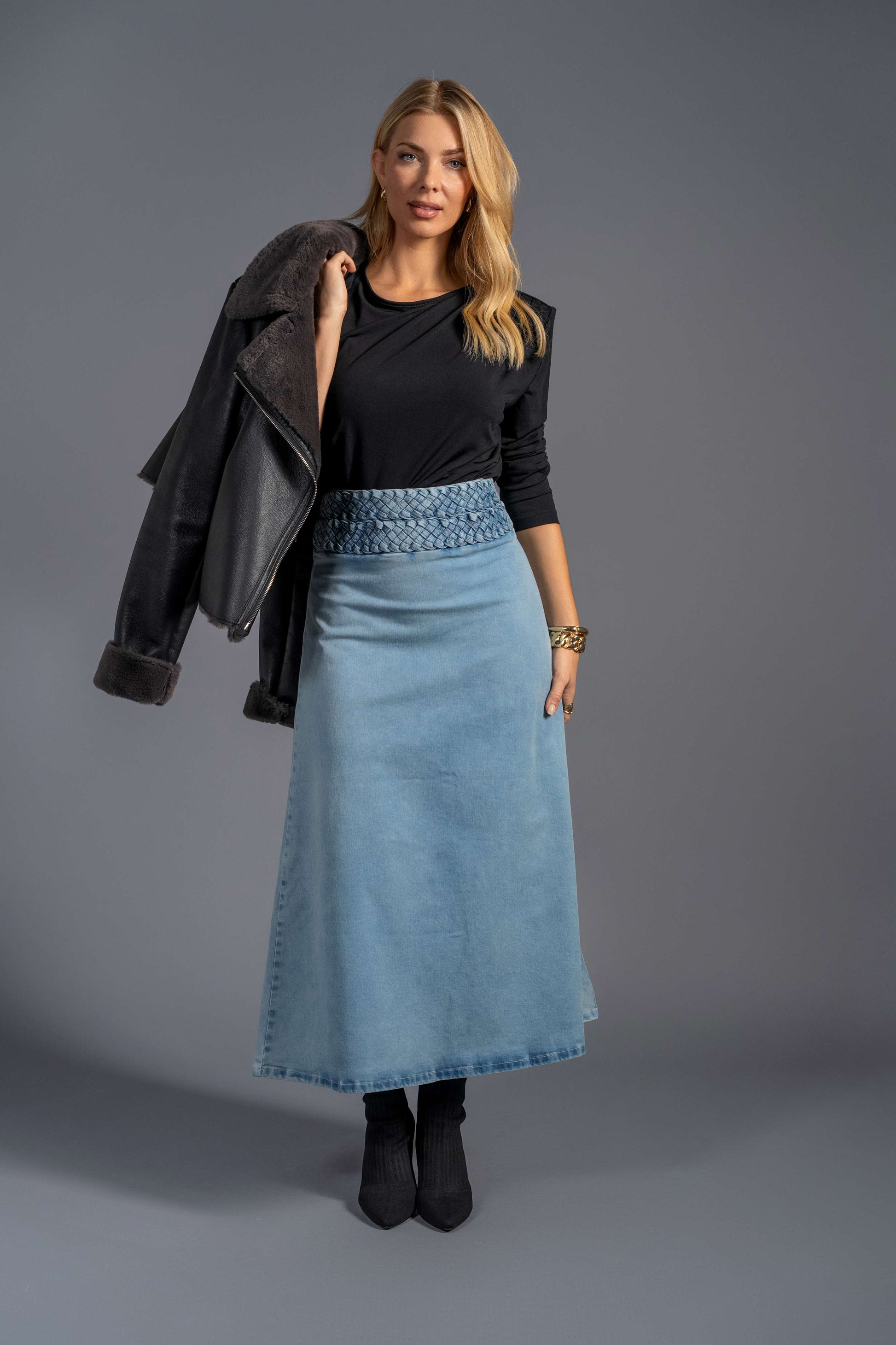 Elizabeth Highwaisted Braided Stretch Denim Skirt