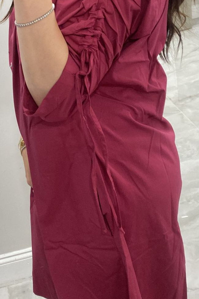 Ruched 100% Cotton Dress in Raspberry