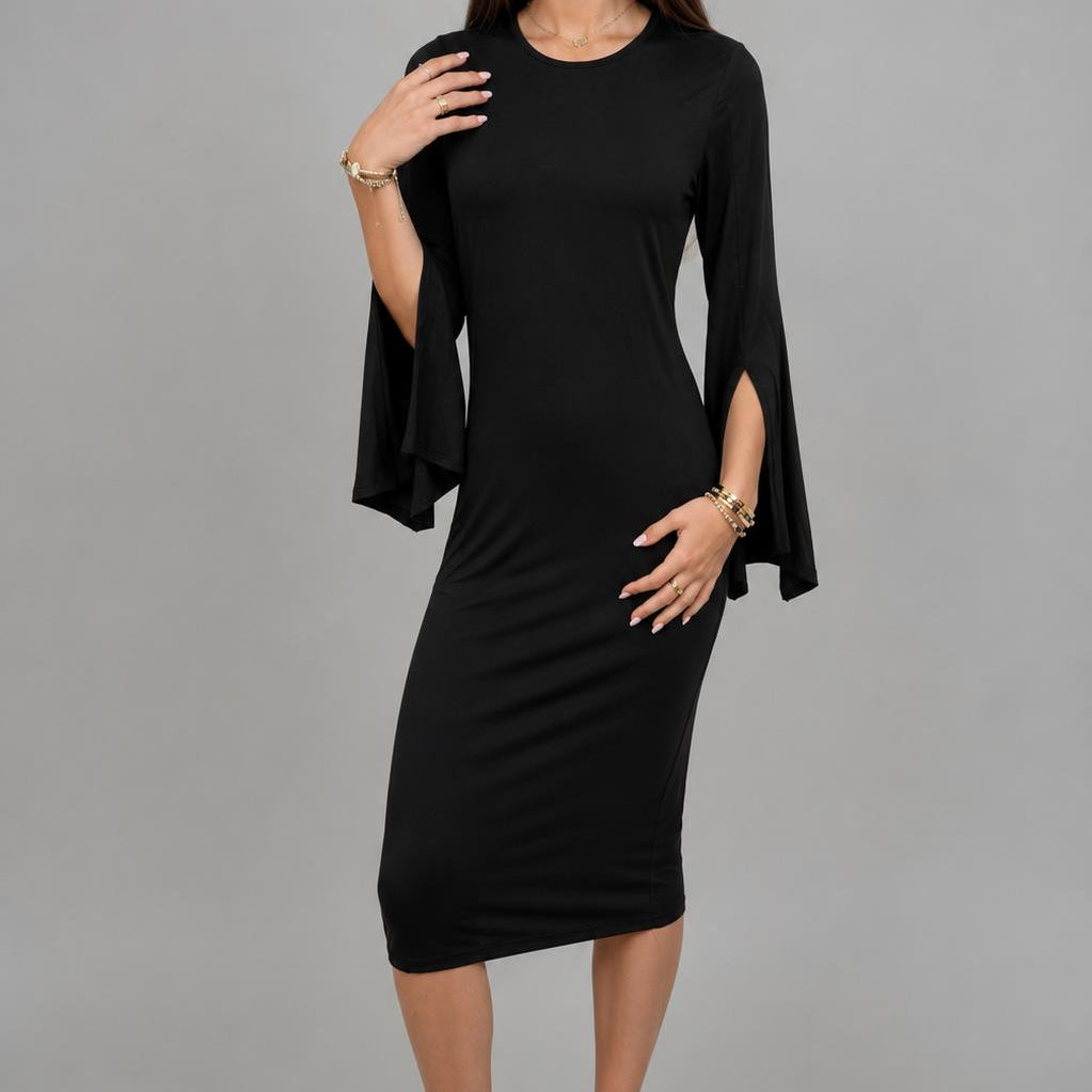 Slit Bell Sleeve Dress -Black - Final Sale