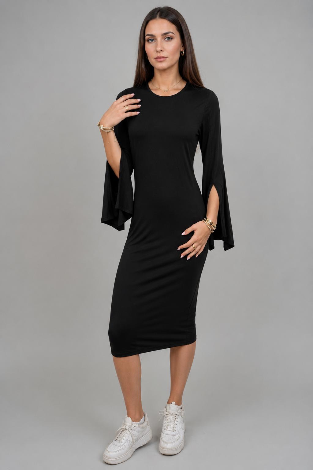 Slit Bell Sleeve Dress -Black - Final Sale