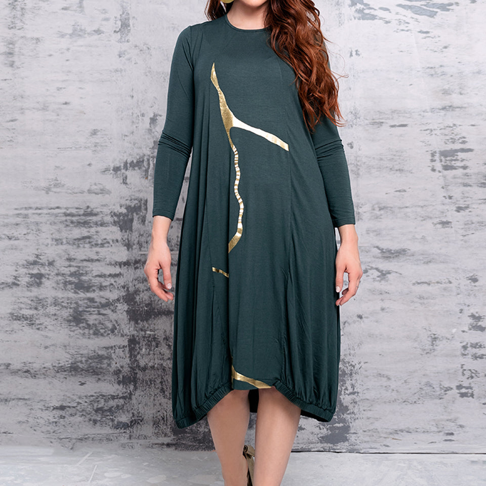 Nobu Dress (Viscose) Pine Green with Gold Foil