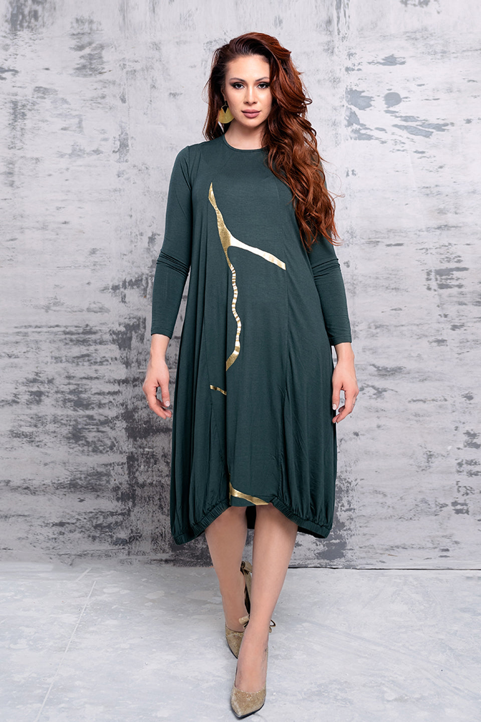 Nobu Dress (Viscose) Pine Green with Gold Foil