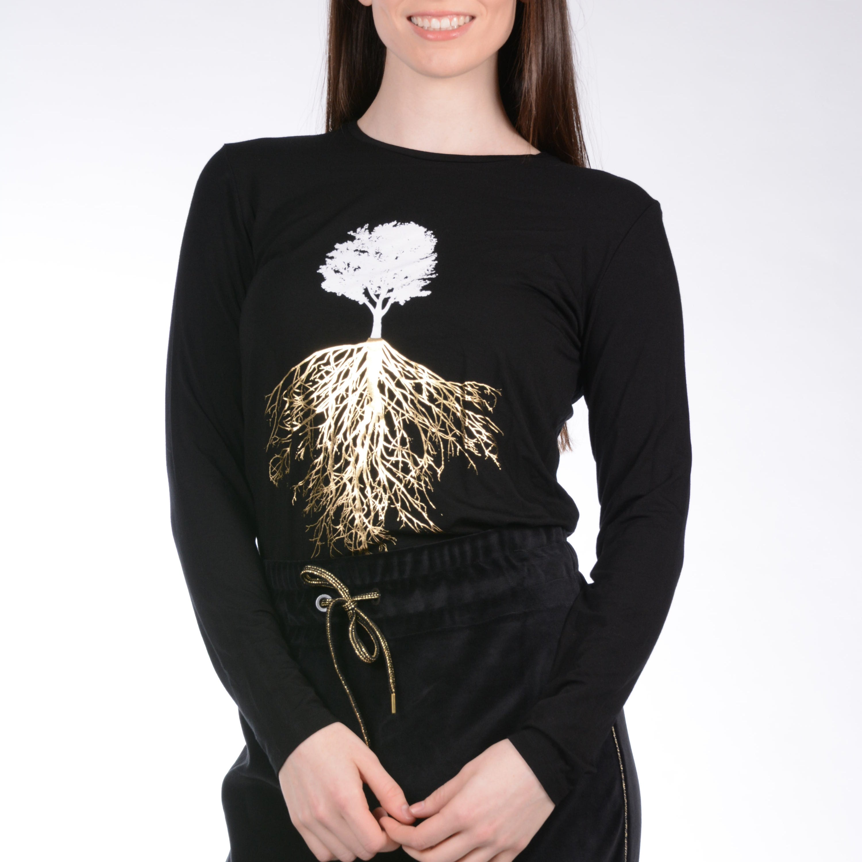 Tree T-Shirt in Black and Gold Foil Long Sleeves
