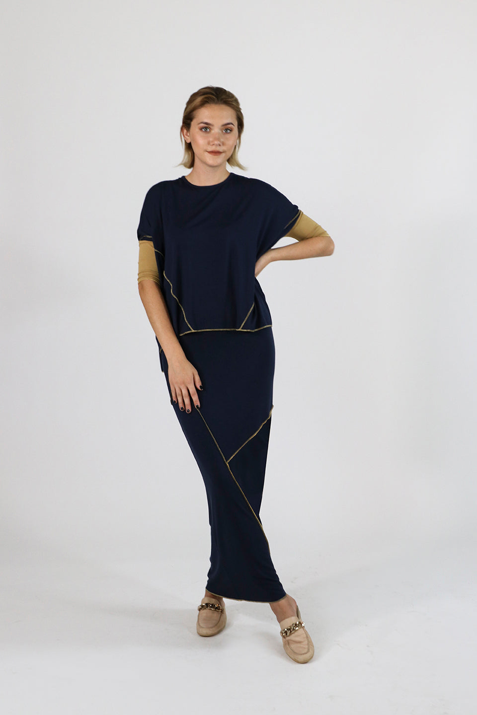 Sachie Skirt in Black and metallic Gold stitch