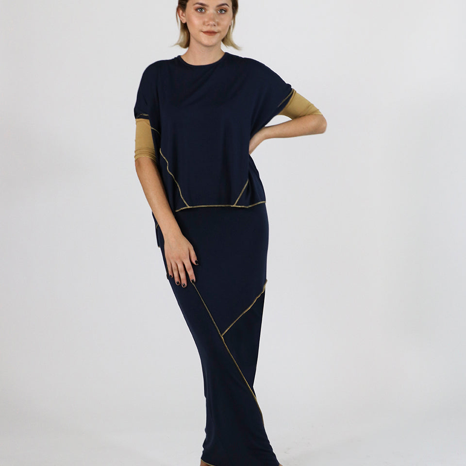 Sachie Skirt in Black and metallic Gold stitch