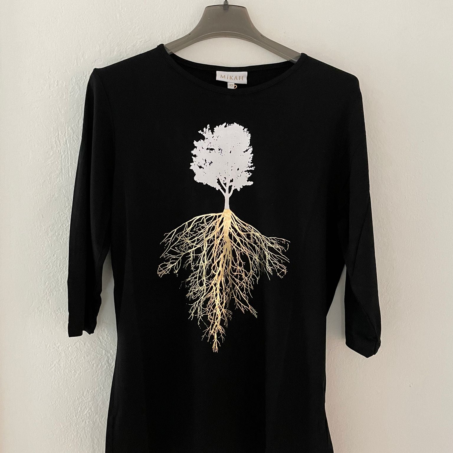Tree T-Shirt in Black and Gold Foil 3/4 Sleeves